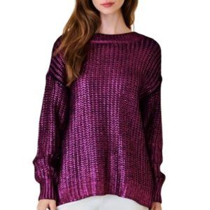 Fore Womens Pullover Sweater Purple Metallic Braided V Back Relaxed Fit L